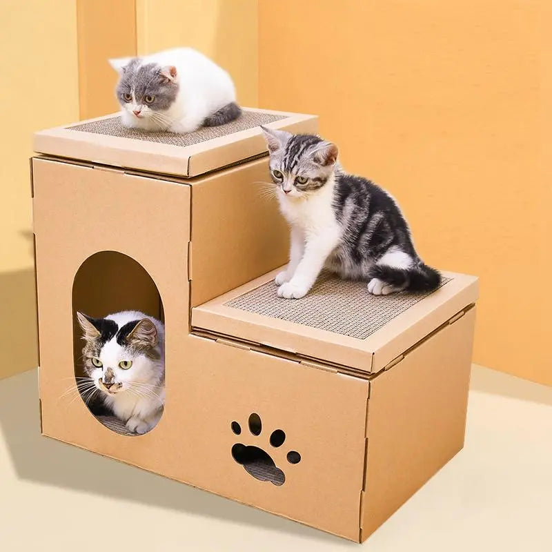 Drie katten op en in het kartonnen kattenhuis met krabplanken