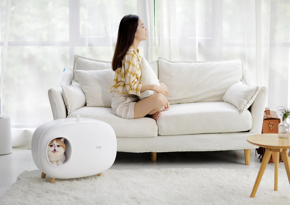 Witte kattenbak in een woonkamer met bank