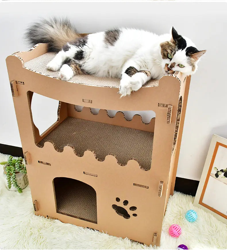 Langharige kat ligt op de krabplank bovenop het kattenhuis
