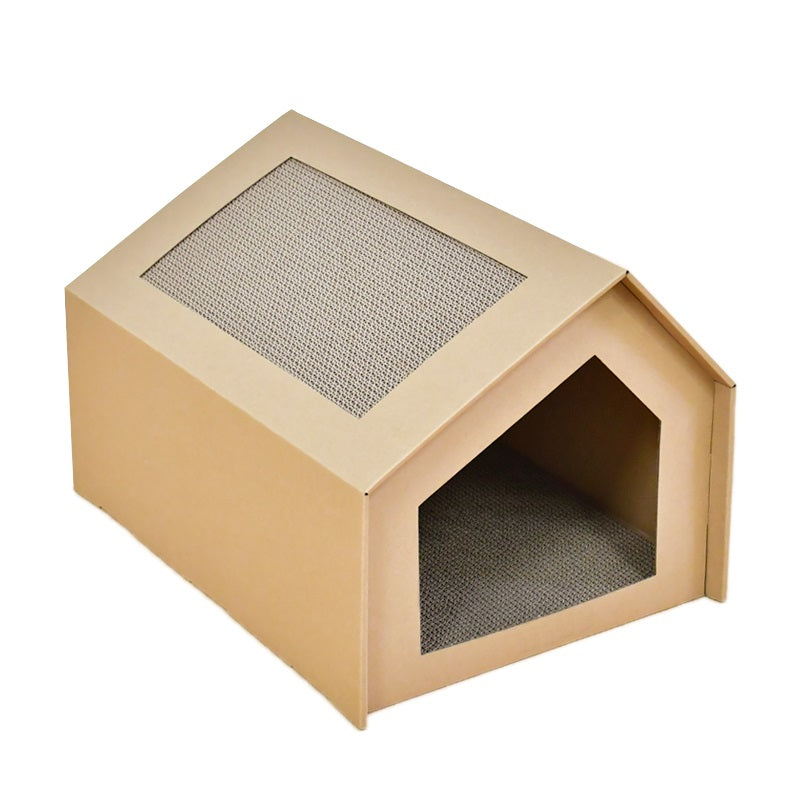 Kattenhuisje van karton met krabplank op het dak