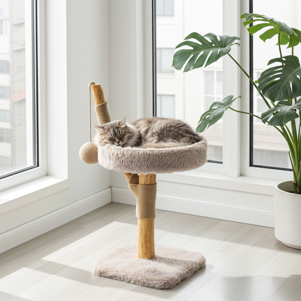 Kat slaapt in de mand van de LUNA krabpaal bij het raam