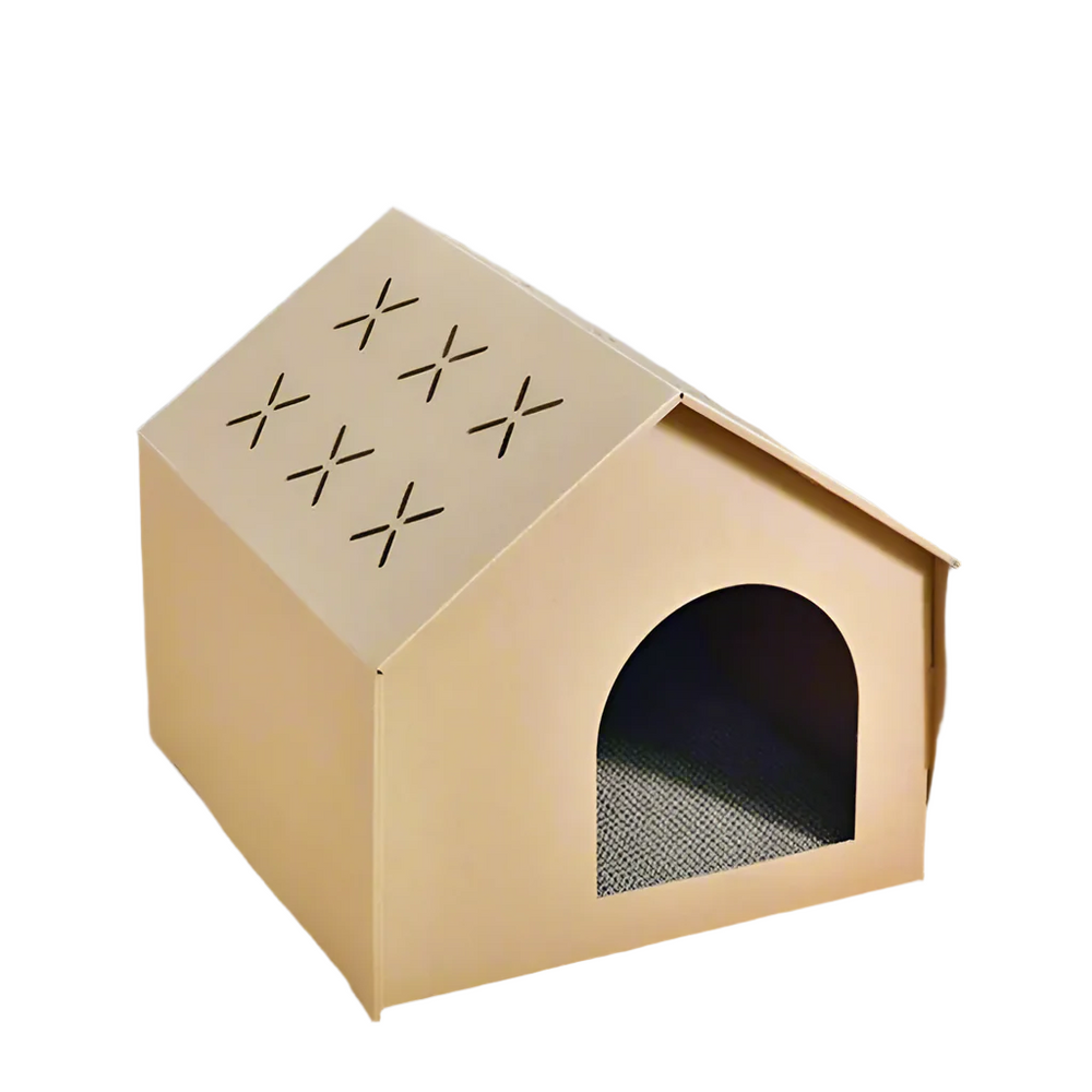 Kartonnen kattenhuis met pootjesprint op het dak
