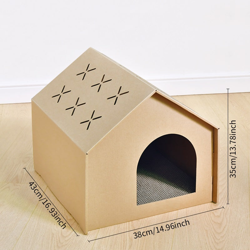 Afmetingen van het kartonnen kattenhuis: 43 x 38 x 35 cm