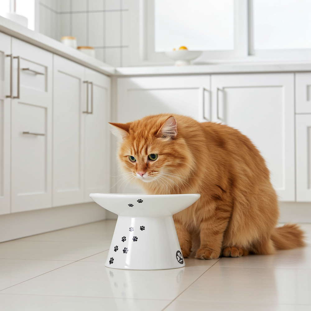 Rode kat eet uit de witte porseleinen voerbak