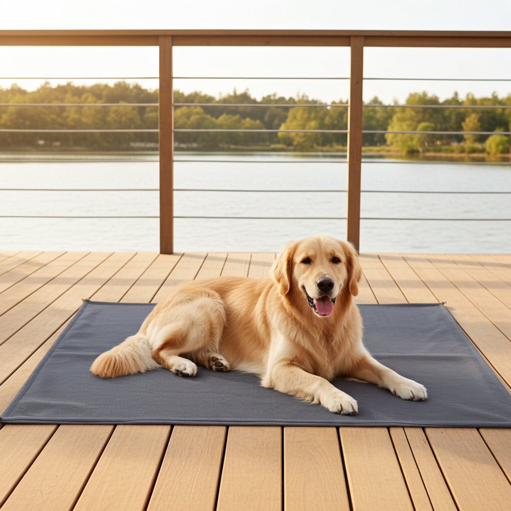 Golden retriever ligt op de BASTIAAN-hondendeken op een terras