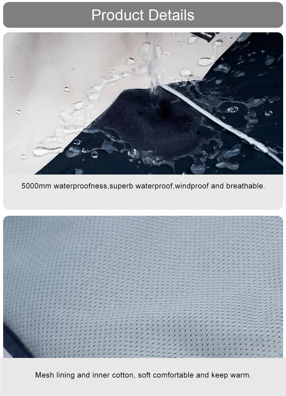 Details van de waterdichte stof en de mesh-voering