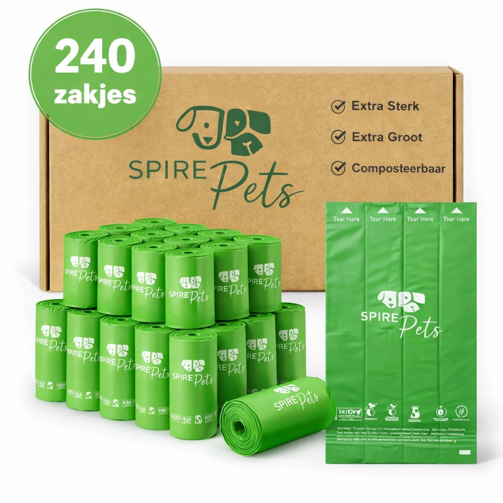 Doos met groene composteerbare poepzakjes op rollen