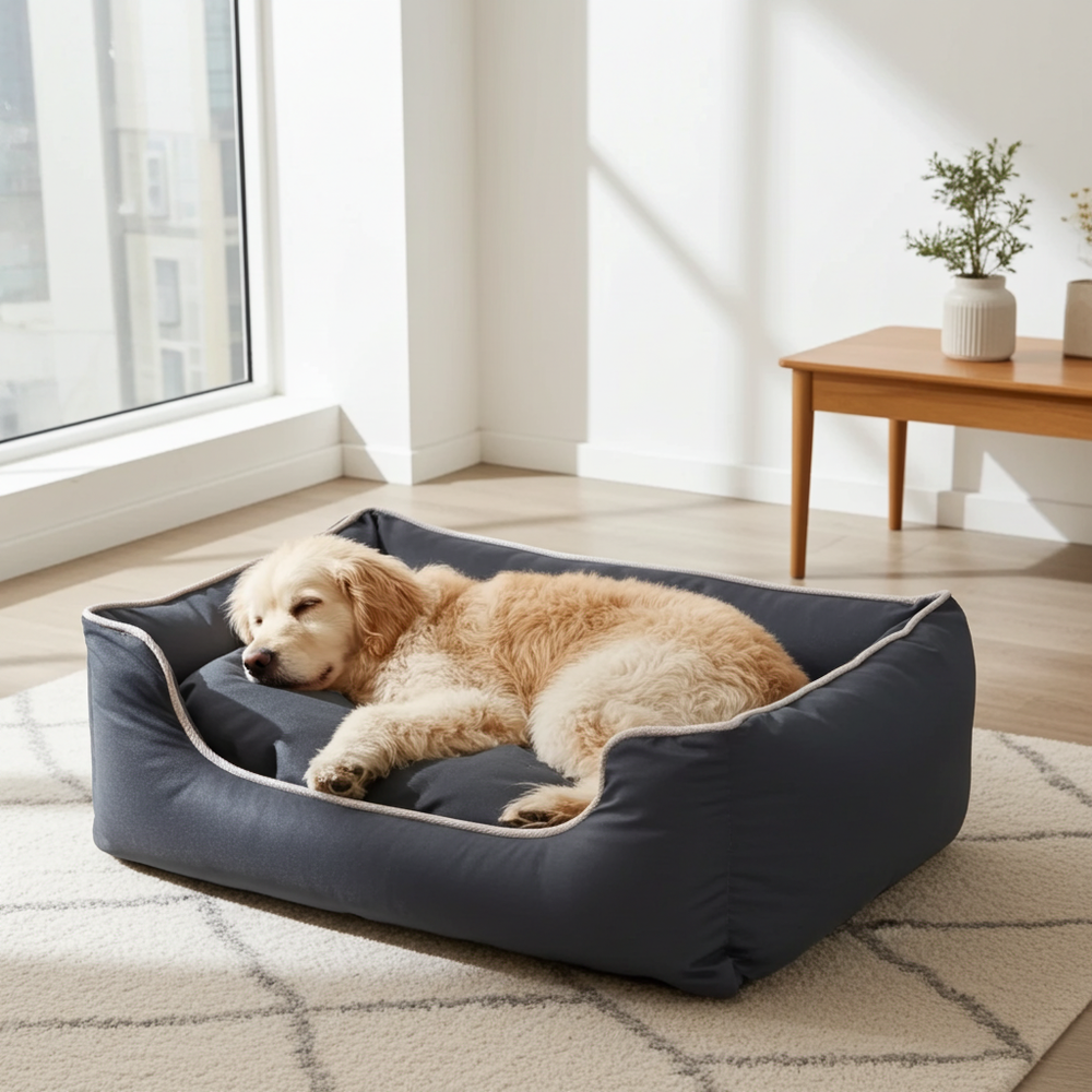 Golden retriever-pup ligt in de BASTIAAN-hondenmand oxford