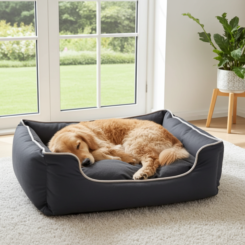 Golden retriever slaapt in de BASTIAAN-hondenmand oxford