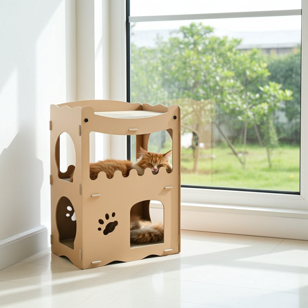 Kattenhuis van hout en karton met twee verdiepingen bij het raam