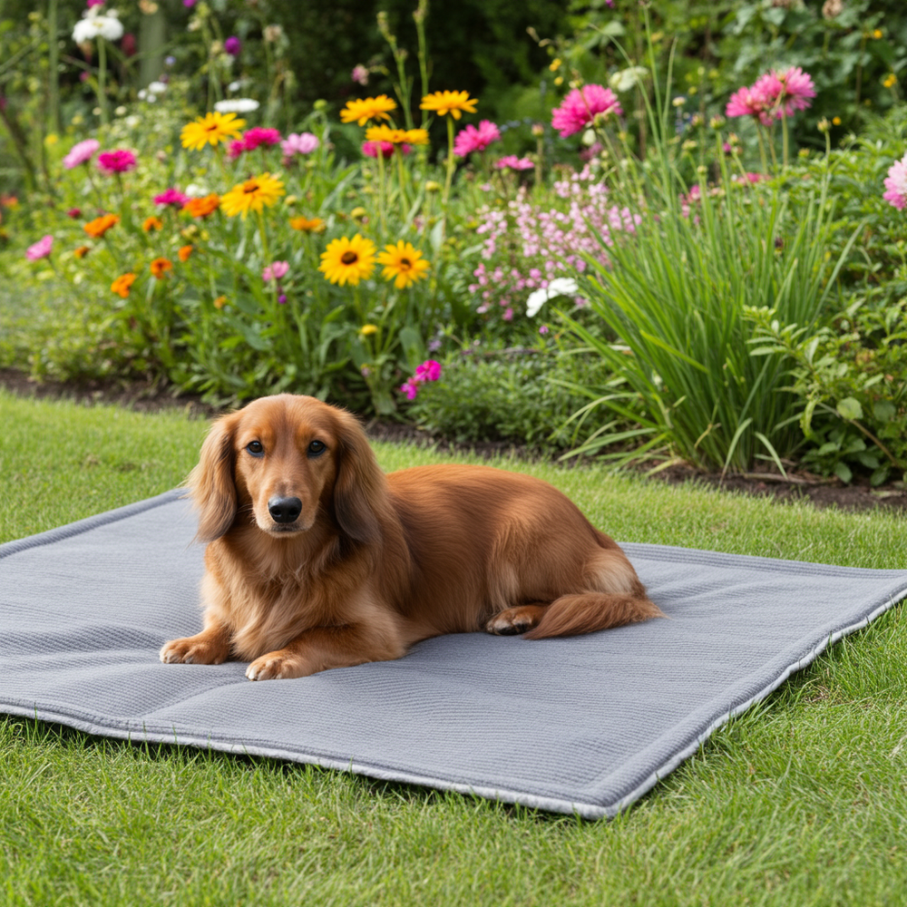 Rode hond ligt op de BASTIAAN-hondendeken in de tuin