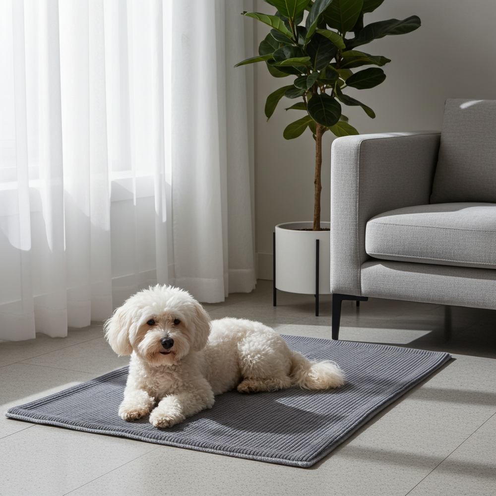 Witte hond ligt op de BASTIAAN-hondendeken