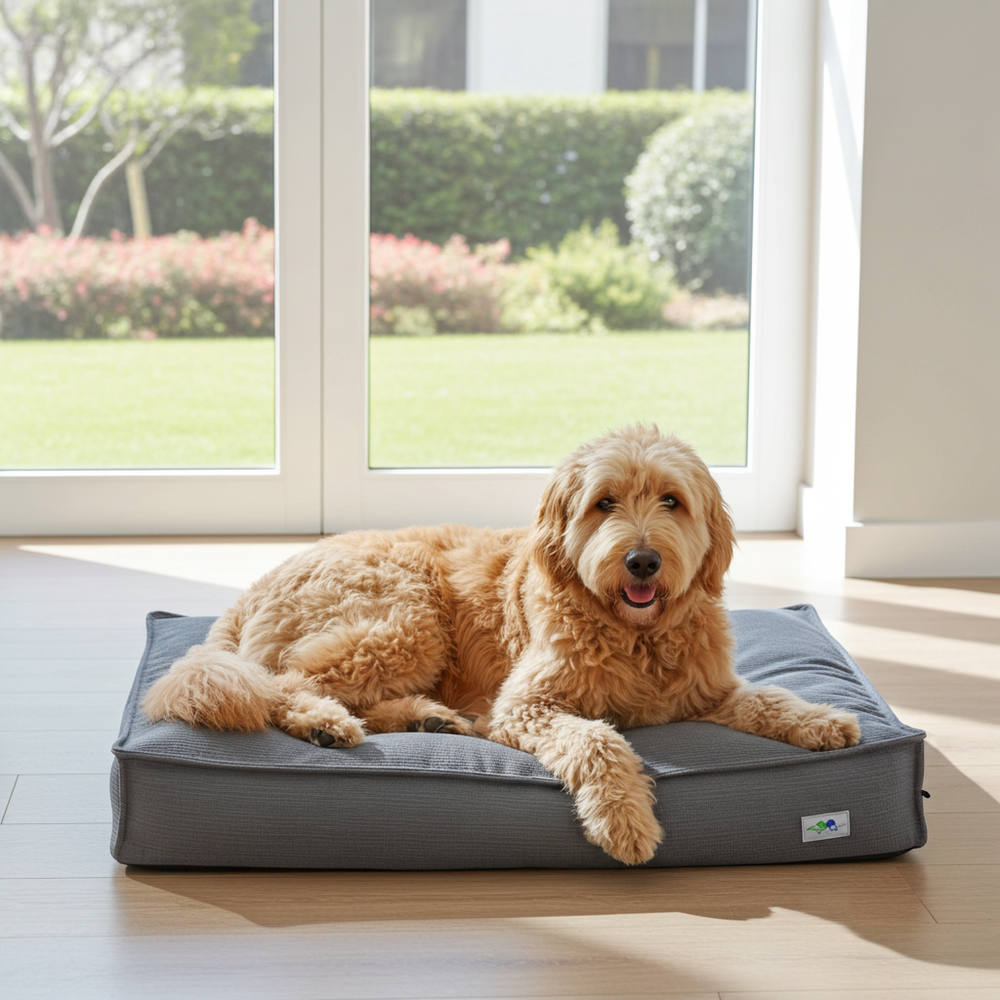 Rode labradoodle ligt op het JOEY-hondenkussen
