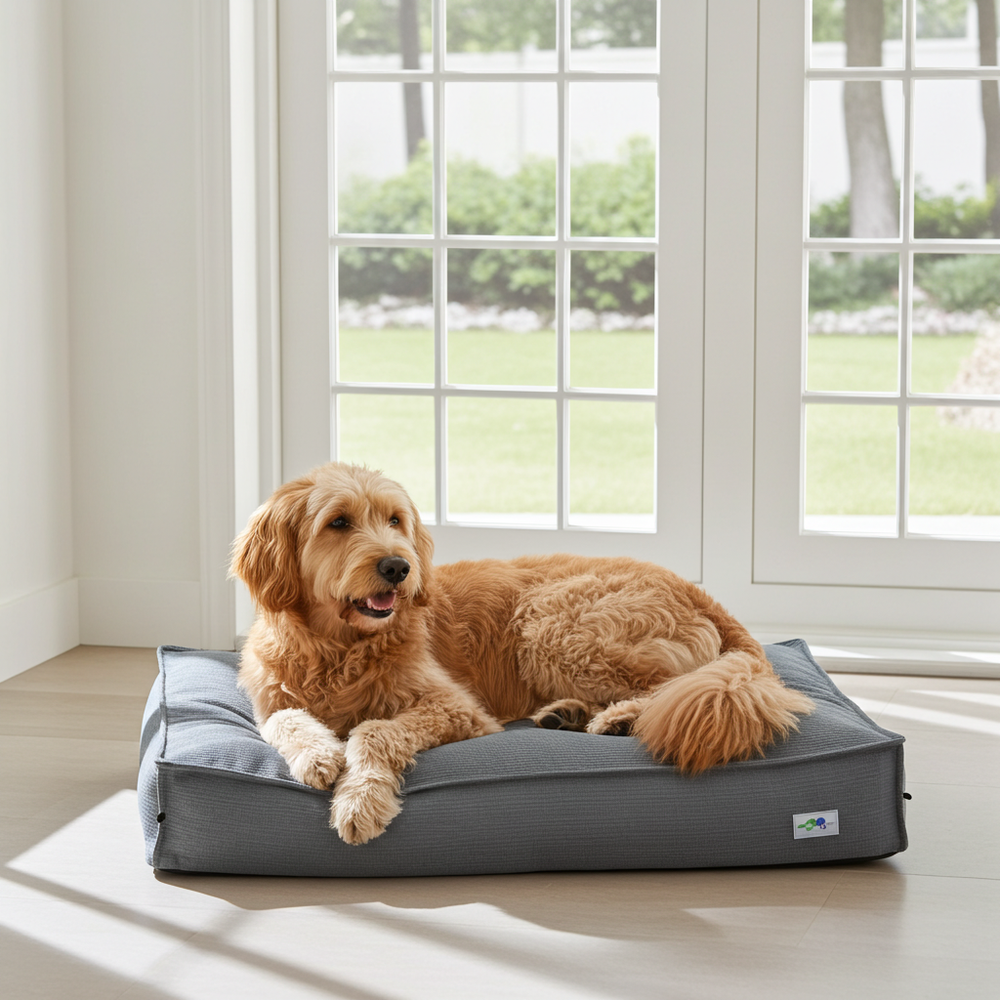 Labradoodle ligt op het JOEY-hondenkussen bij het raam