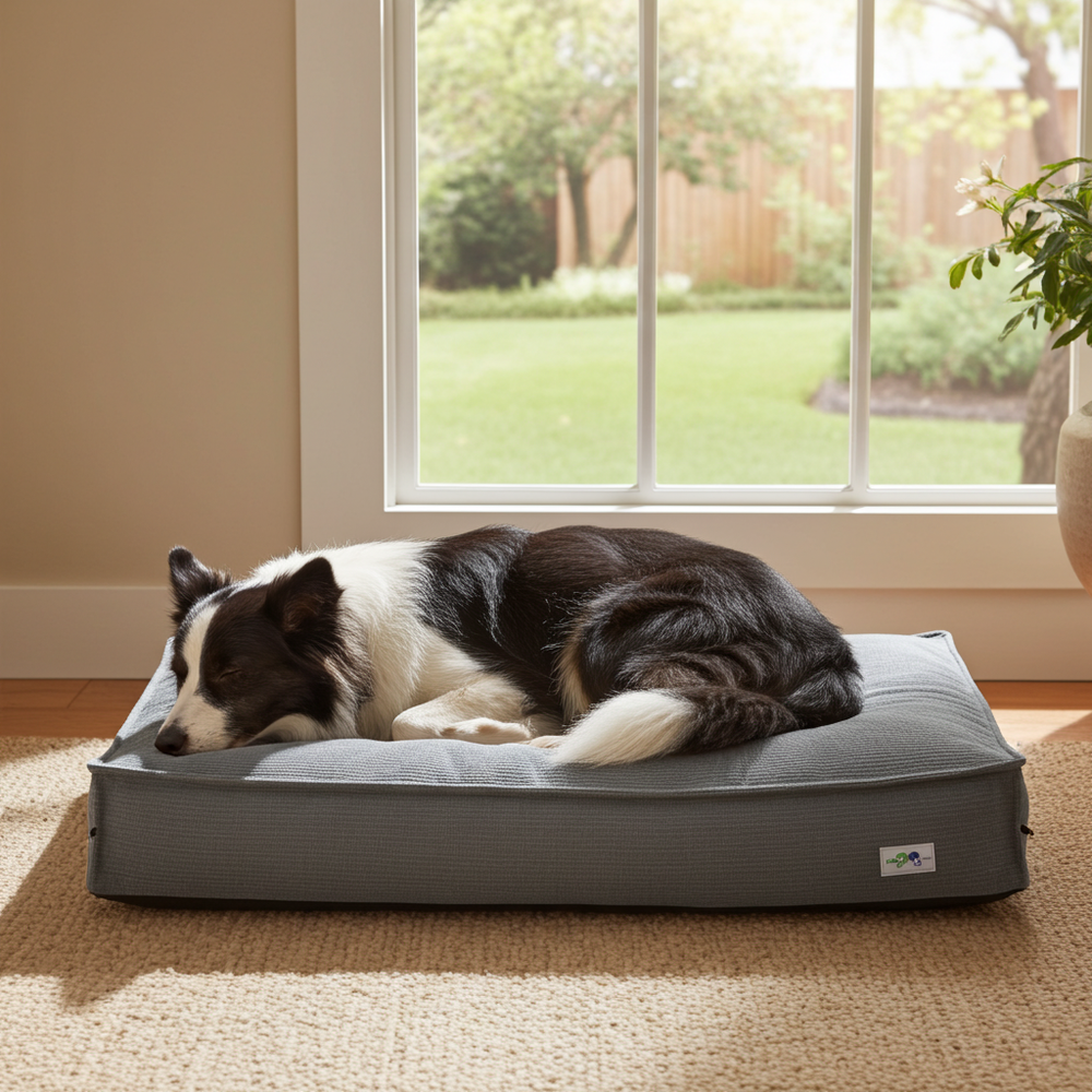 Border collie slaapt op het JOEY-hondenkussen bij het raam