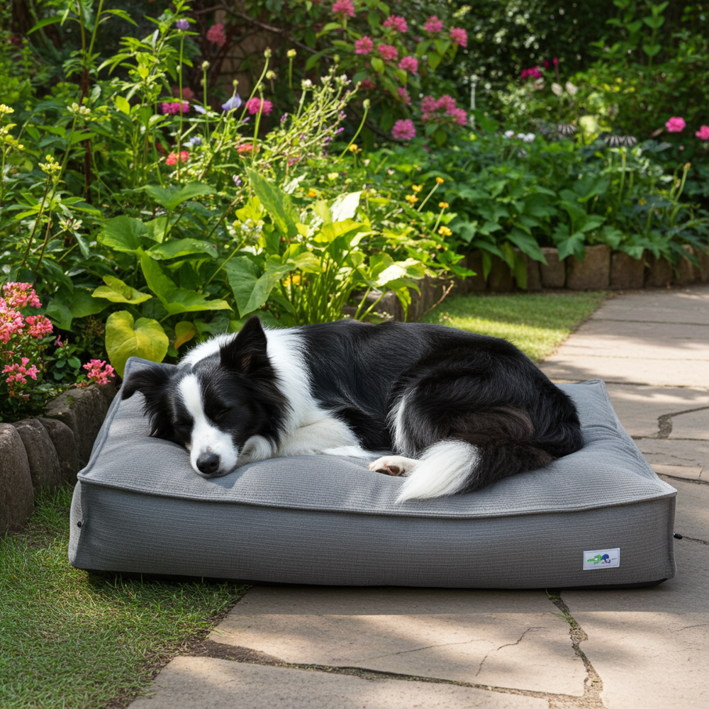 Border collie ligt op het JOEY-hondenkussen in de tuin