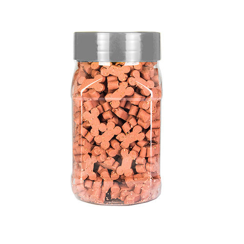 Doorzichtige pot met roze botjesvormige hondensnacks
