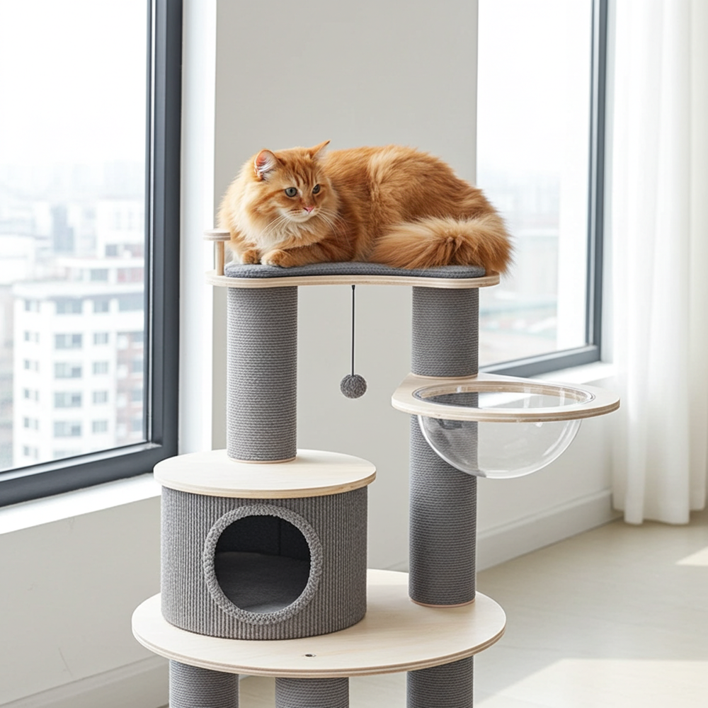 Rode langharige kat op het uitkijkplateau, met de doorzichtige loungeschaal ernaast