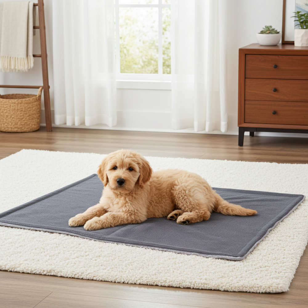 Labradoodle ligt op de BASTIAAN-hondendeken in de woonkamer