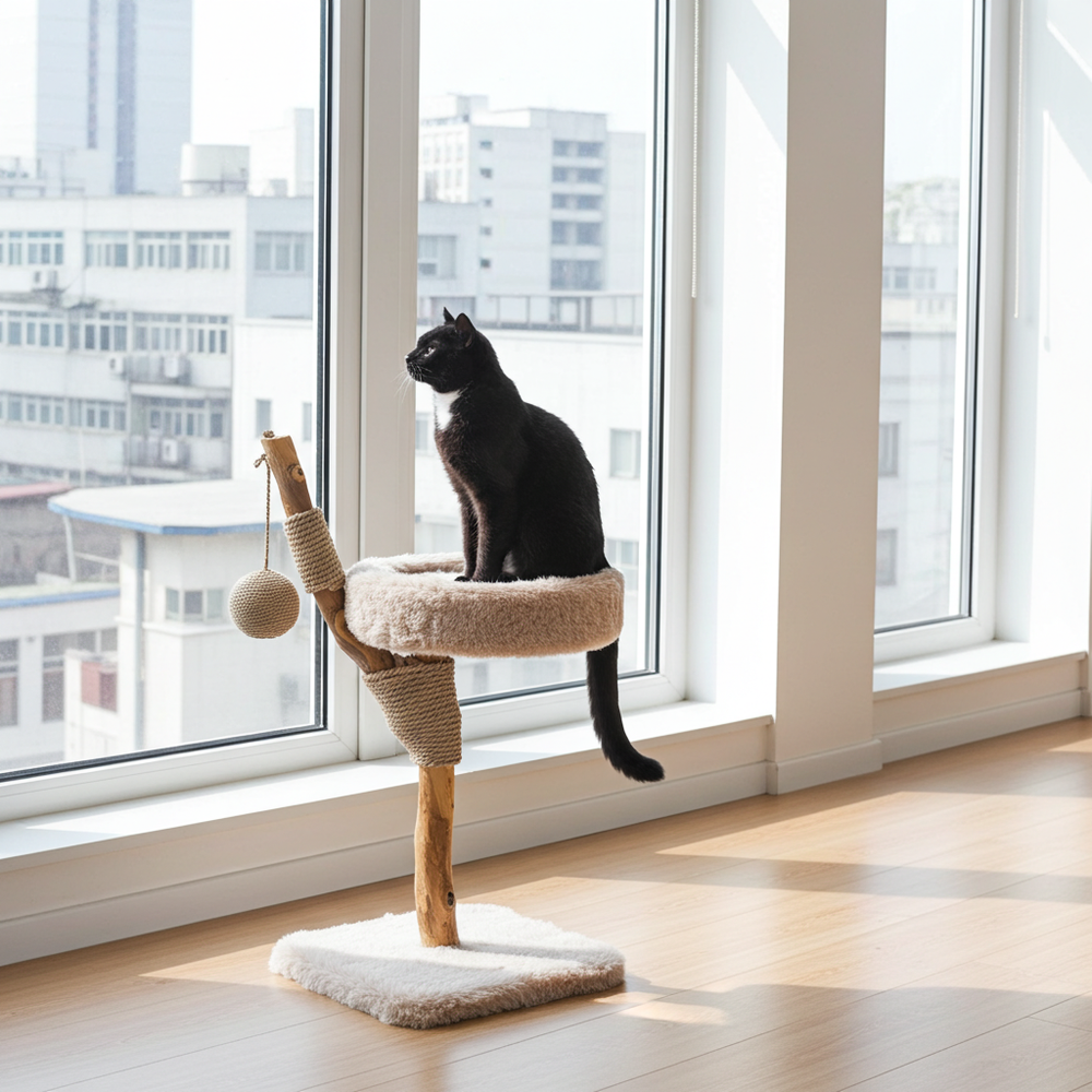 Zwarte kat zit op de LUNA krabpaal bij het raam