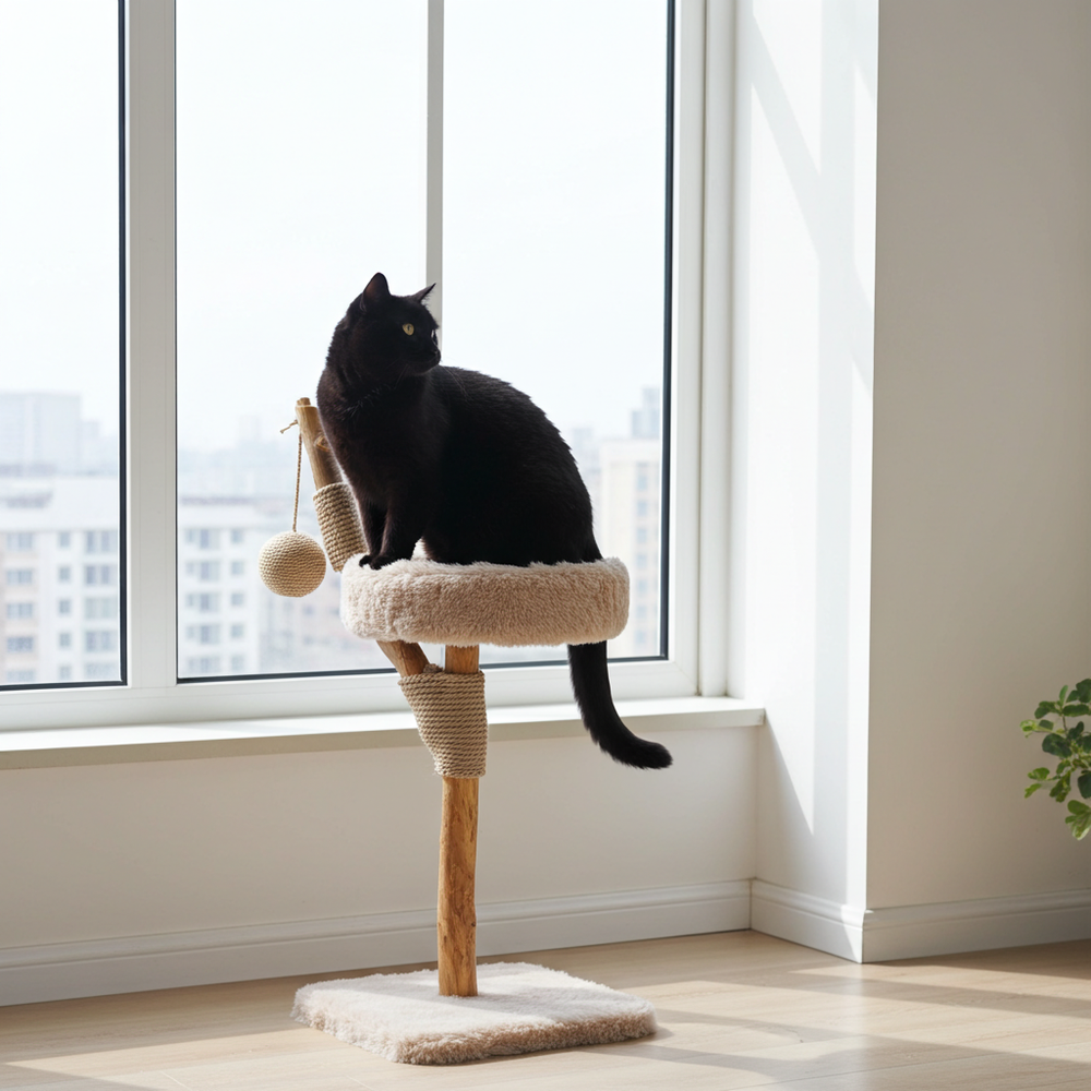 Zwarte kat zit op de LUNA krabpaal