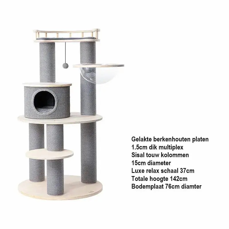 LUXE krabpaal met maten: 142 cm hoog, palen van 15 cm en loungeschaal van 37 cm