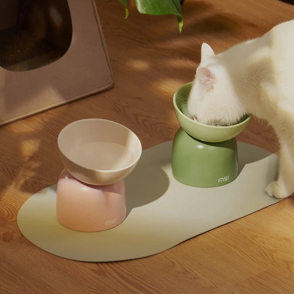 Kat eet uit de groene verhoogde voerbak, met een roze exemplaar ernaast