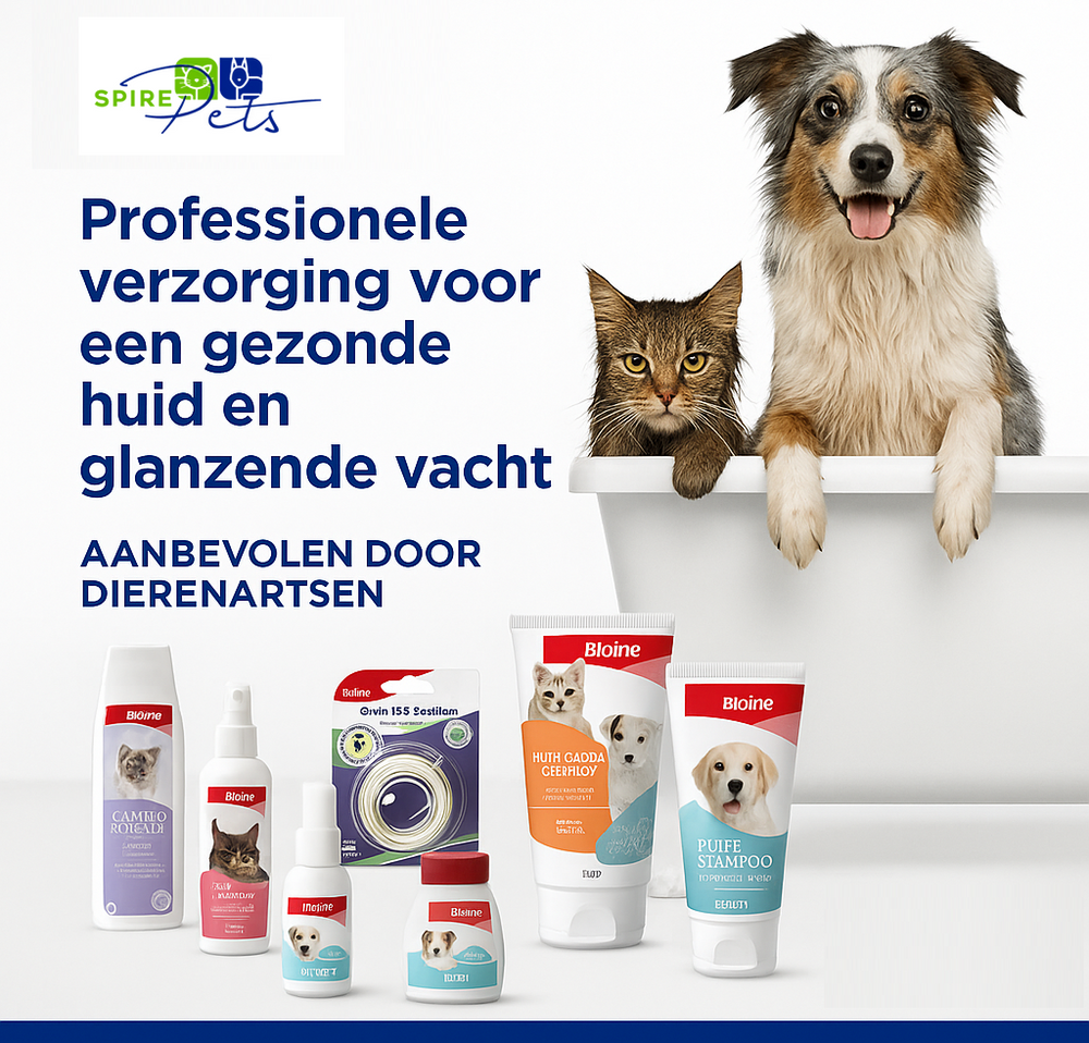 Hond en kat in een bad met Bioline-verzorgingsproducten