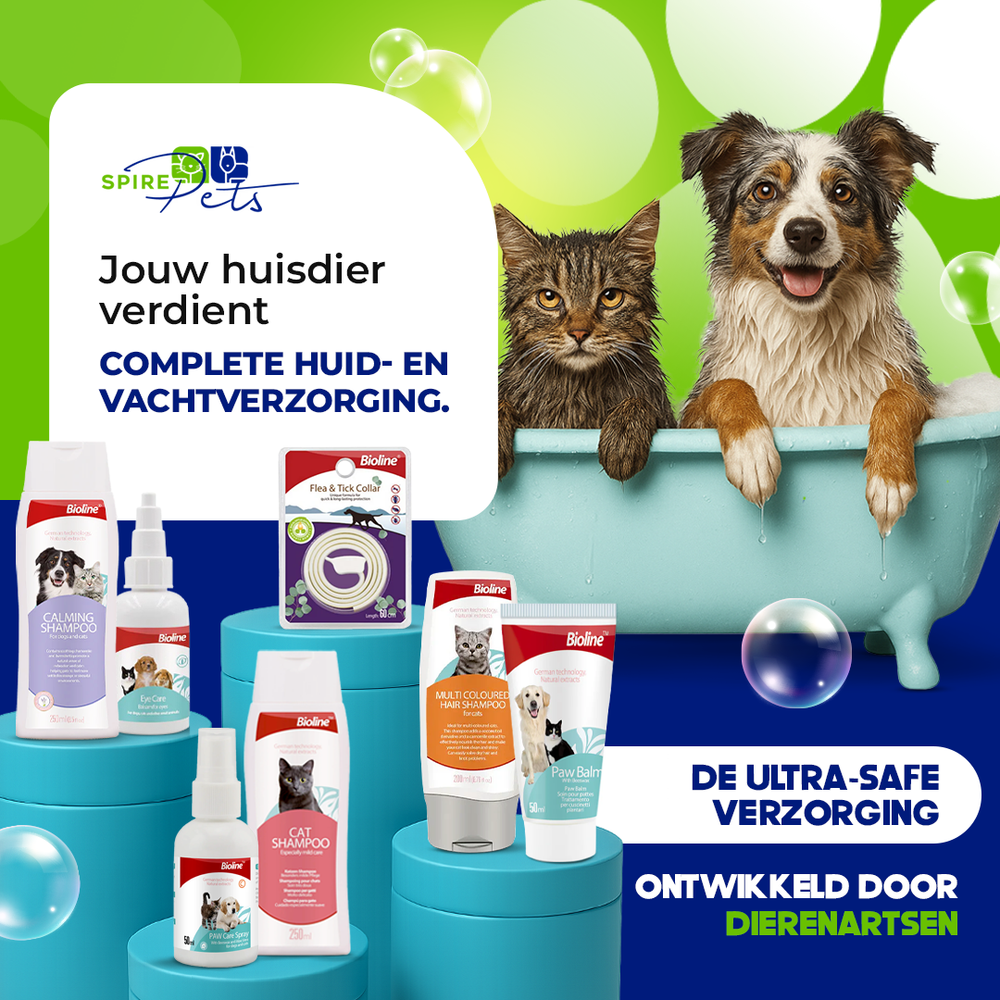 Hond en kat in een bad met Bioline-verzorgingsproducten