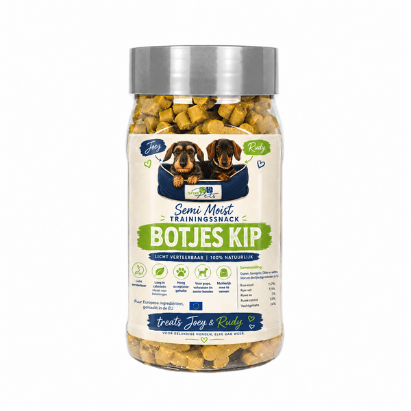 Pot Joey & Rudy Botjes Kip zachte hondensnacks met etiket
