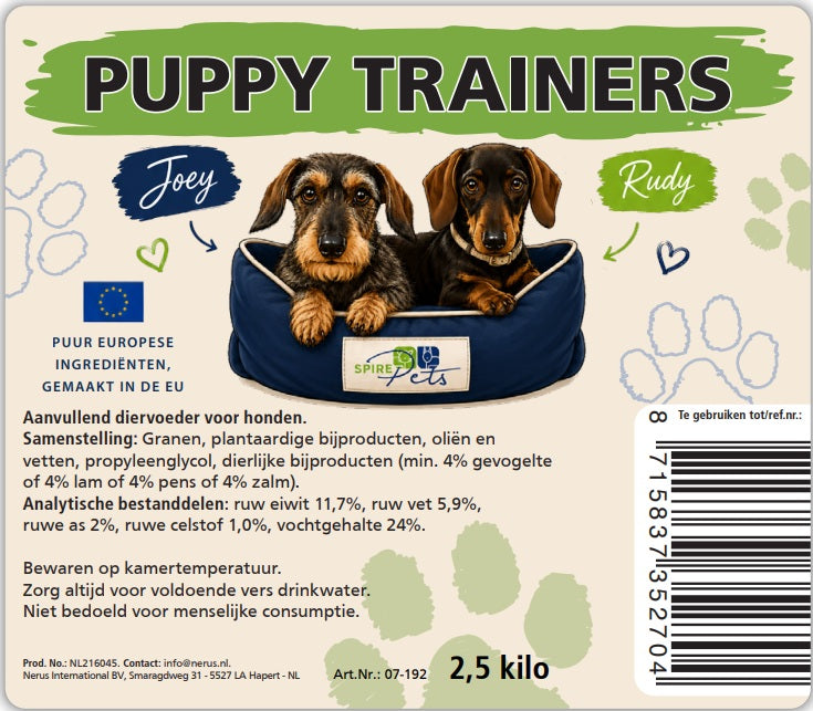 Etiket van de Joey & Rudy Puppytrainers met samenstelling
