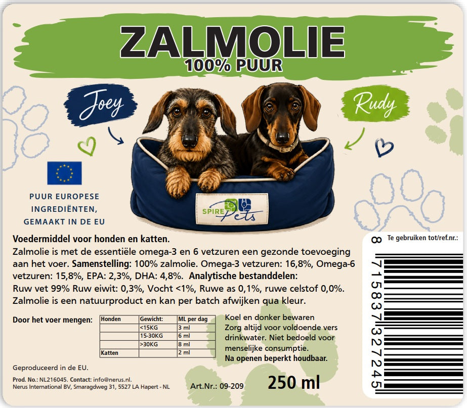 Etiket van de Joey & Rudy zalmolie 100% puur