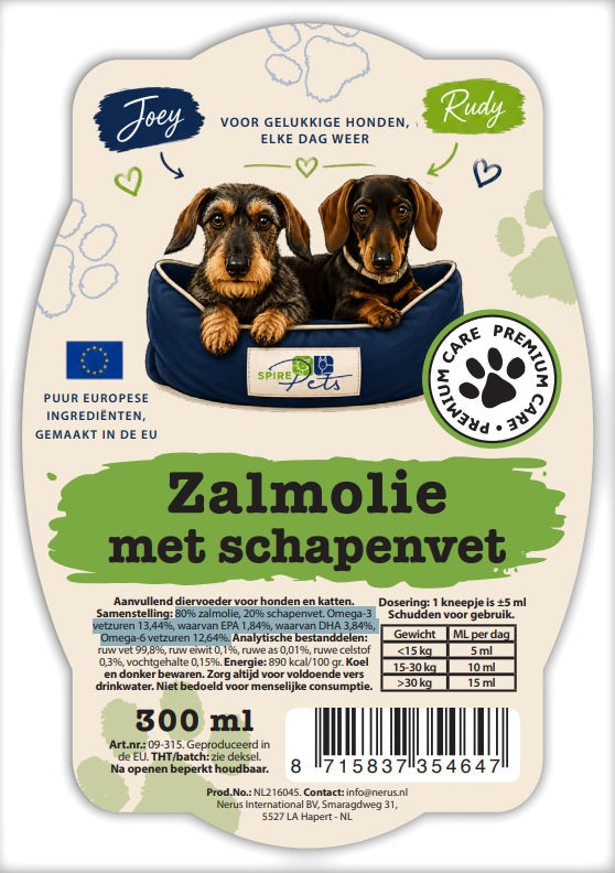 Etiket van de Joey & Rudy zalmolie met schapenvet