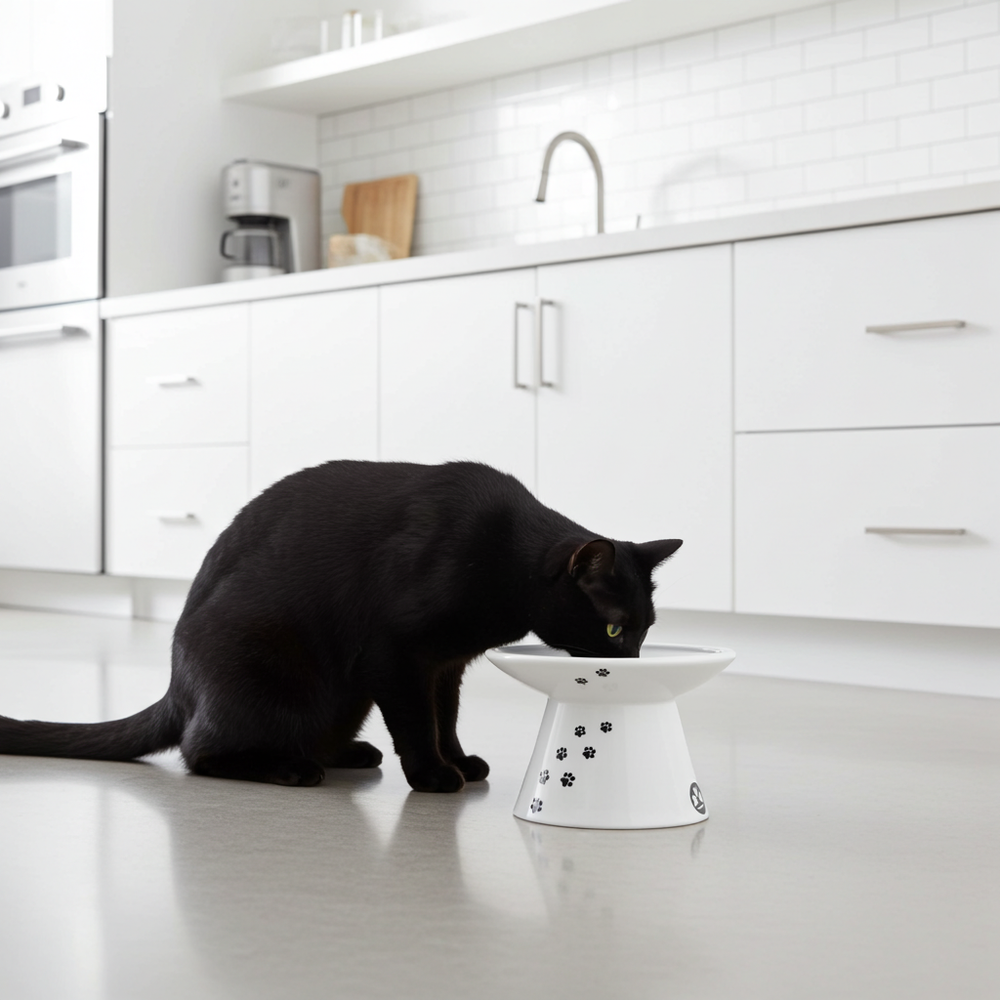 Zwarte kat eet uit de verhoogde voerbak