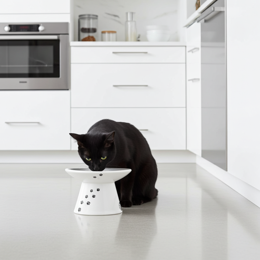 Zwarte kat eet uit de porseleinen voerbak in de keuken