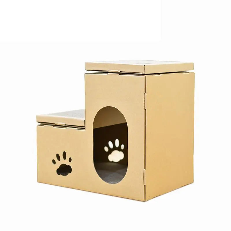 Kartonnen kattenhuis met trap, krabplanken en pootjesuitsparing