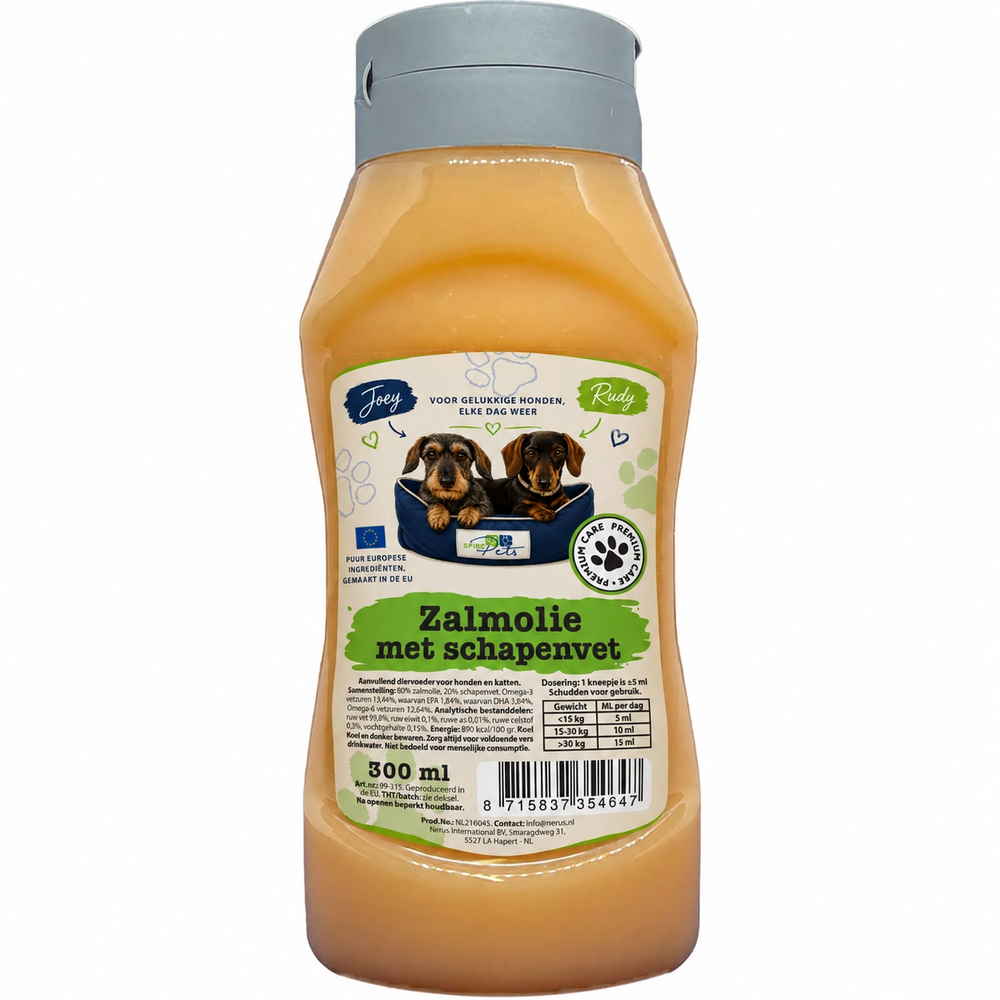Knijpfles Joey & Rudy zalmolie met schapenvet, 300 ml