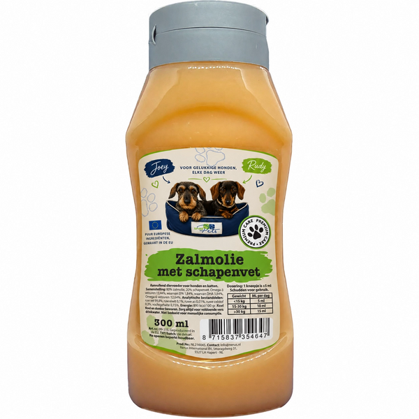 Knijpfles Joey & Rudy zalmolie met schapenvet, 300 ml