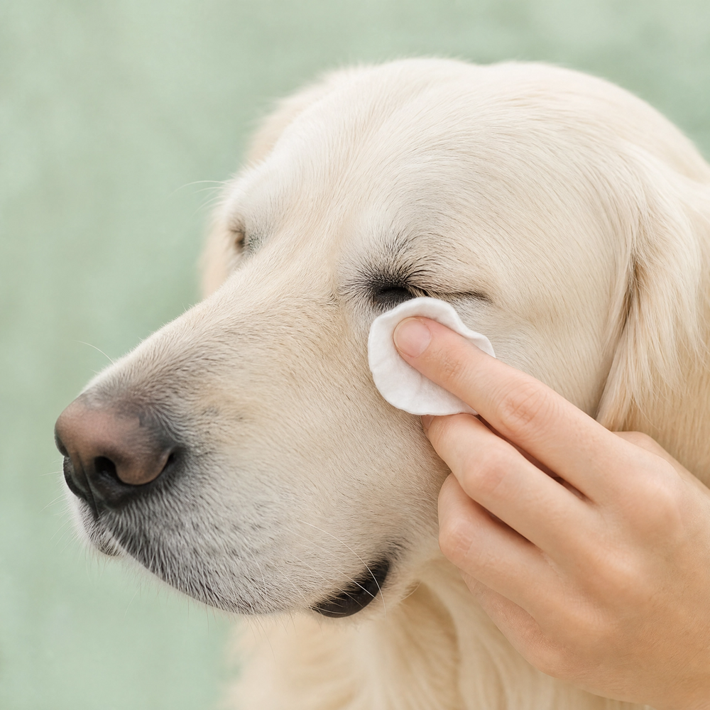 Hond krijgt traansmeer-verwijderaar met een wattenschijfje bij het oog
