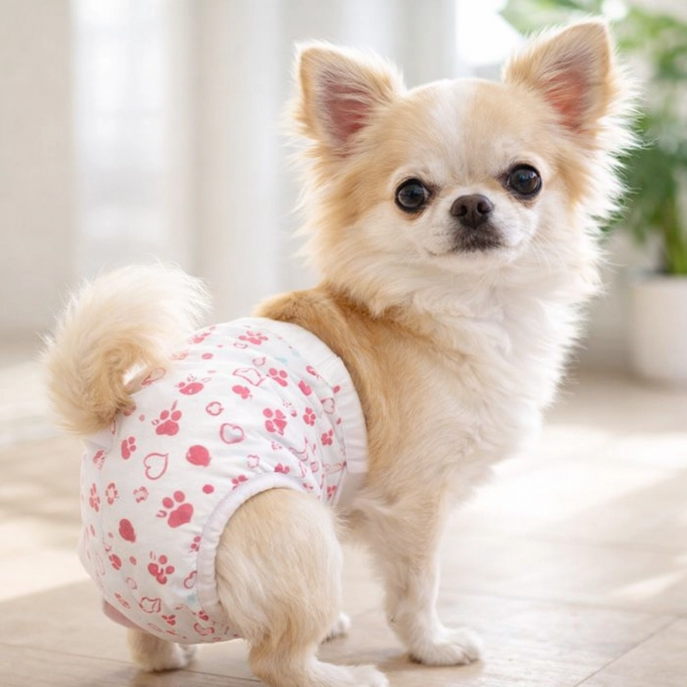 Chihuahua draagt een roze hondenluier voor teefjes