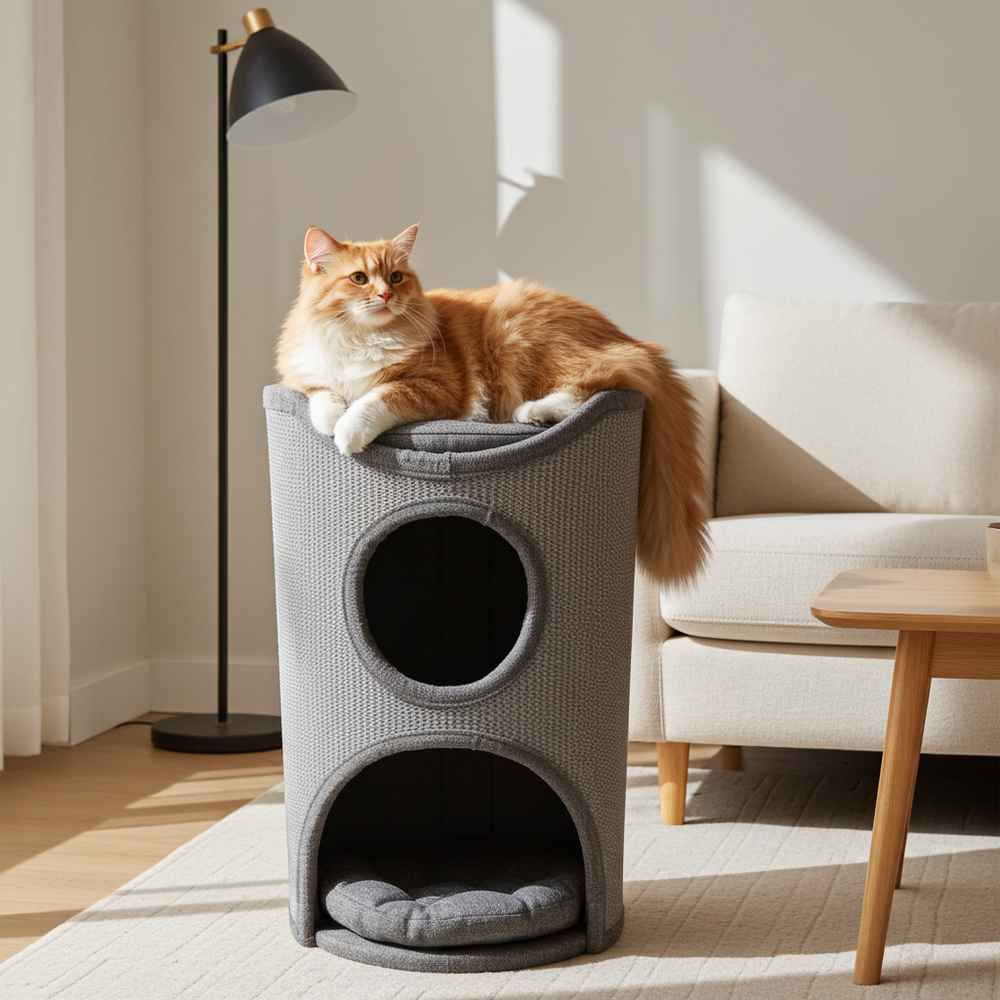 Rode kat ligt bovenop de NOVA krabton in de woonkamer